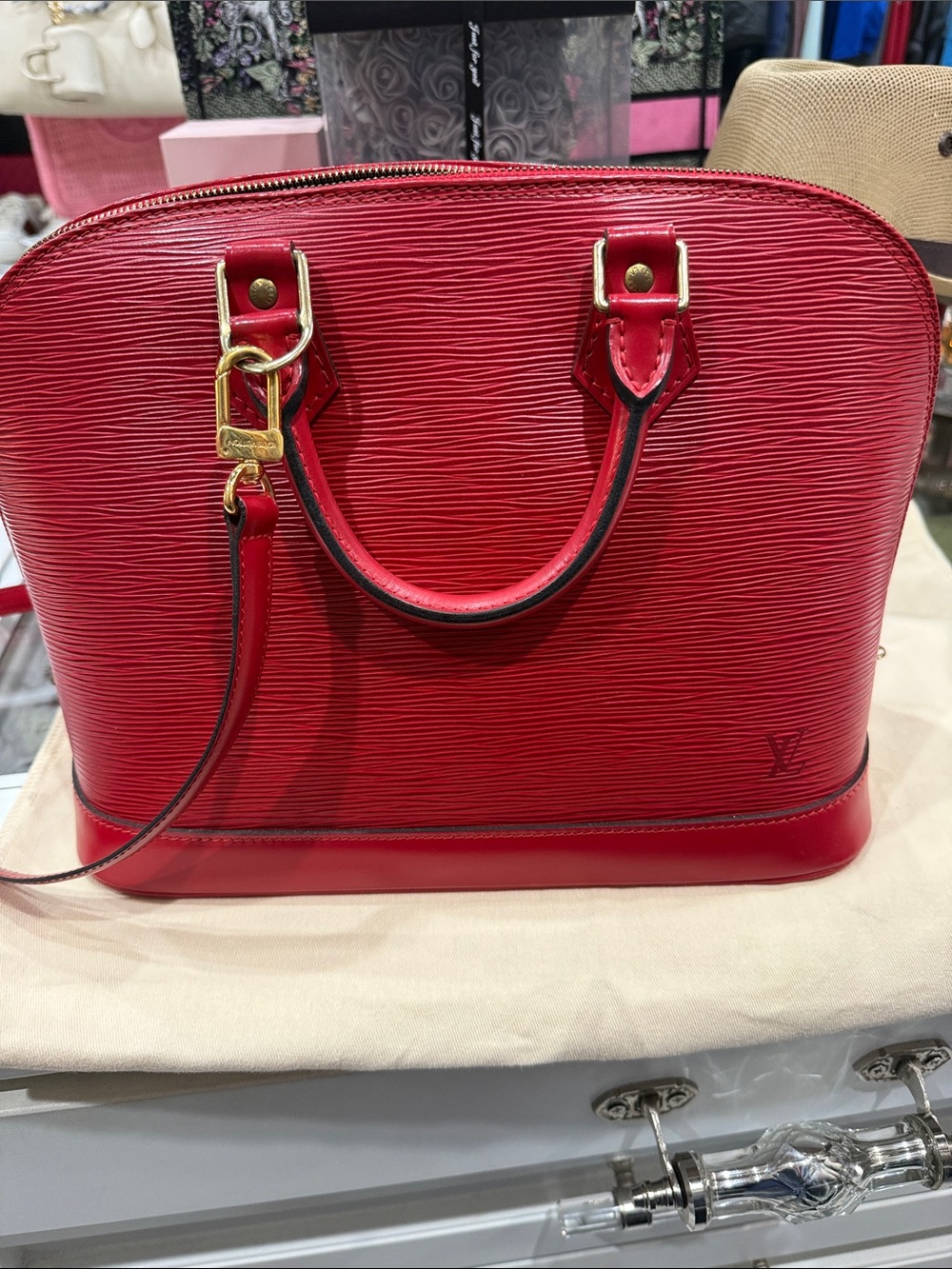 Authentic Louis Vuitton Red Epi Alma PM Satchel with Gold Hardware